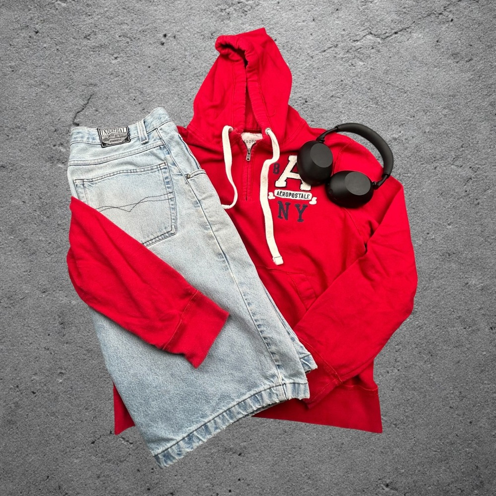 Vintage Aeropostale Red Quarter Zip Hoodie XL Y2K Collegiate Skater Streetwear